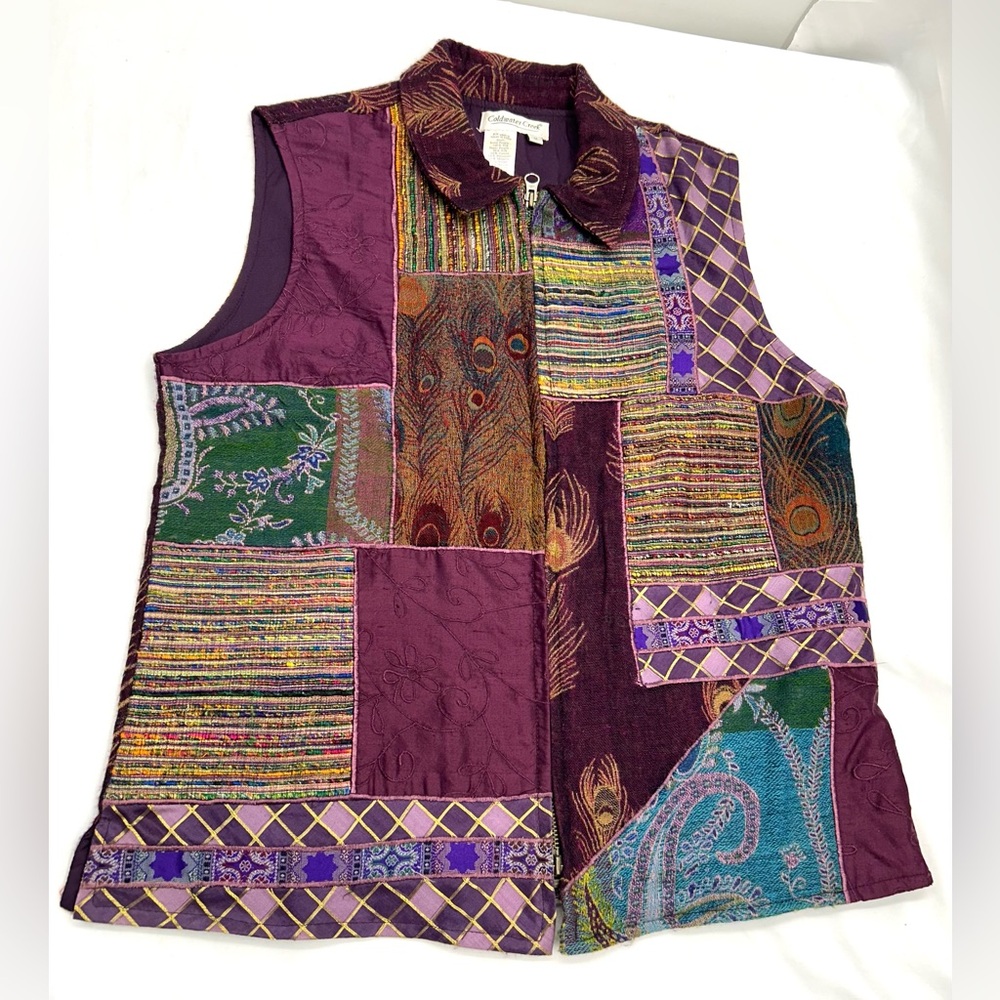 Patchwork Sleeveless Vest - Purple Multicolor Zip Up Coldwater Creek Size M